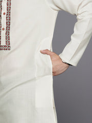 Ethnic Motifs Yoke Design Linen Blend Thread Work Kurta - Inddus.com