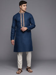 Ethnic Motifs Yoke Design Linen Blend Thread Work Kurta - Inddus.com