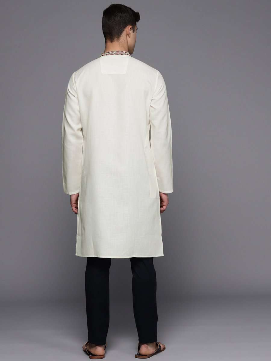 Ethnic Motifs Yoke Design Linen Blend Thread Work Kurta - Inddus.com