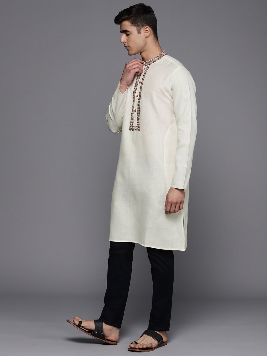 Ethnic Motifs Yoke Design Linen Blend Thread Work Kurta - Inddus.com