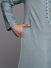 Ethnic Motifs Yoke Design Linen Blend Thread Work Kurta - Inddus.com