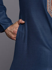 Ethnic Motifs Yoke Design Linen Blend Thread Work Kurta - Inddus.com