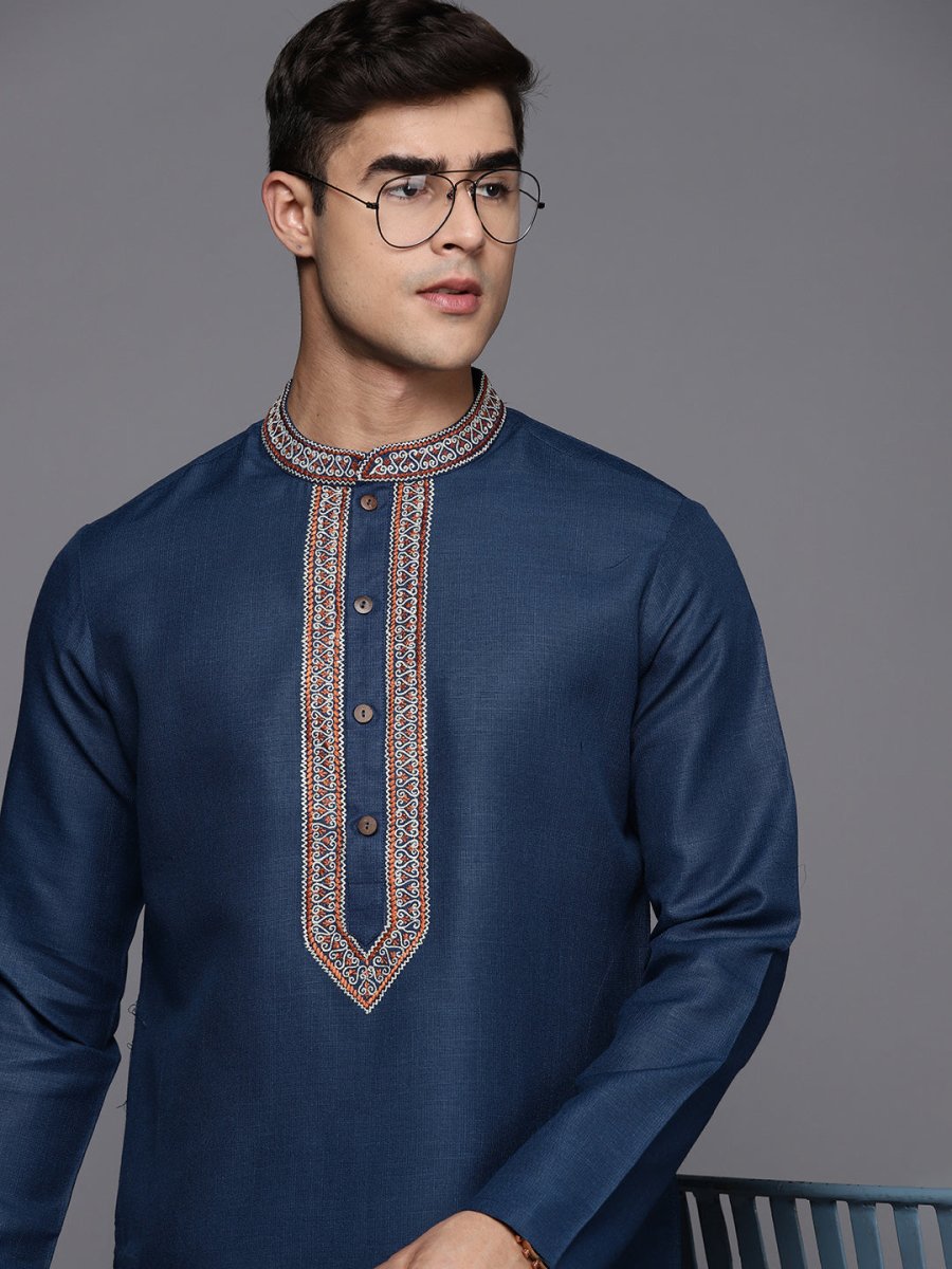 Ethnic Motifs Yoke Design Linen Blend Thread Work Kurta - Inddus.com