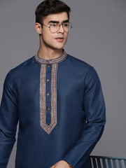 Ethnic Motifs Yoke Design Linen Blend Thread Work Kurta - Inddus.com