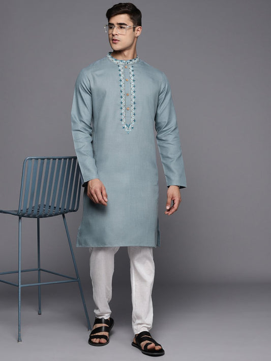 Ethnic Motifs Yoke Design Linen Blend Thread Work Kurta - Inddus.com