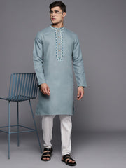 Ethnic Motifs Yoke Design Linen Blend Thread Work Kurta - Inddus.com