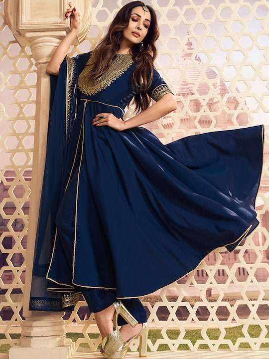 Ethnic Motifs Yoke Design Sequinned Chanderi Cotton Kurta Set With Dupatta - Inddus.com