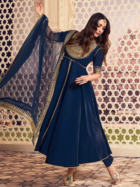 Ethnic Motifs Yoke Design Sequinned Chanderi Cotton Kurta Set With Dupatta - Inddus.com