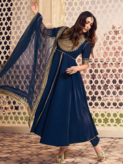 Ethnic Motifs Yoke Design Sequinned Chanderi Cotton Kurta Set With Dupatta - Inddus.com