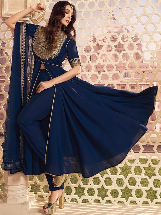 Ethnic Motifs Yoke Design Sequinned Chanderi Cotton Kurta Set With Dupatta - Inddus.com