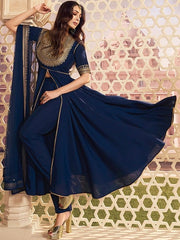 Ethnic Motifs Yoke Design Sequinned Chanderi Cotton Kurta Set With Dupatta - Inddus.com