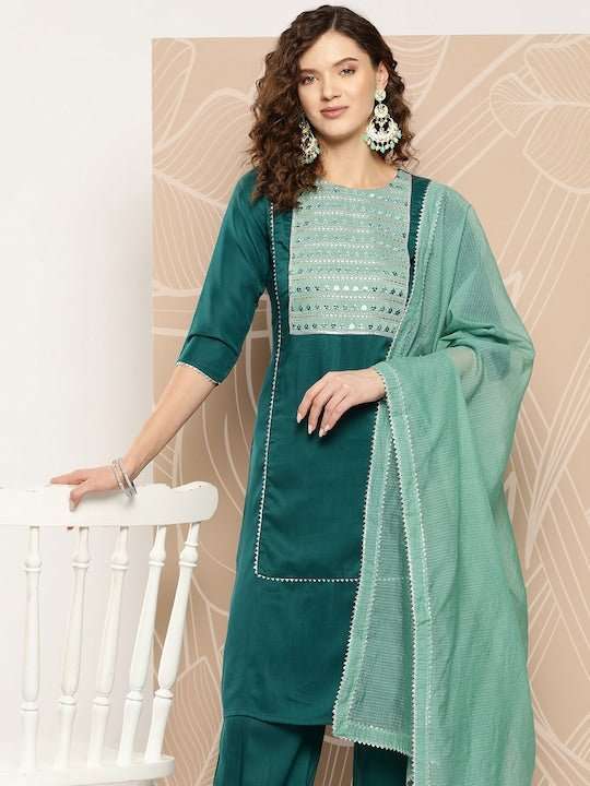 Ethnic Motifs Yoke Design Sequinned Kurta With Salwar & Dupatta - Inddus.com