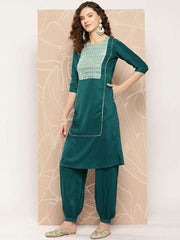 Ethnic Motifs Yoke Design Sequinned Kurta With Salwar & Dupatta - Inddus.com