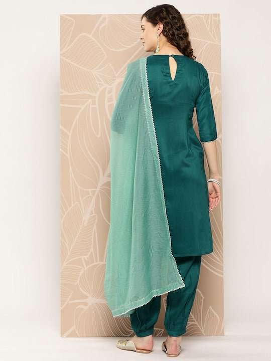 Ethnic Motifs Yoke Design Sequinned Kurta With Salwar & Dupatta - Inddus.com
