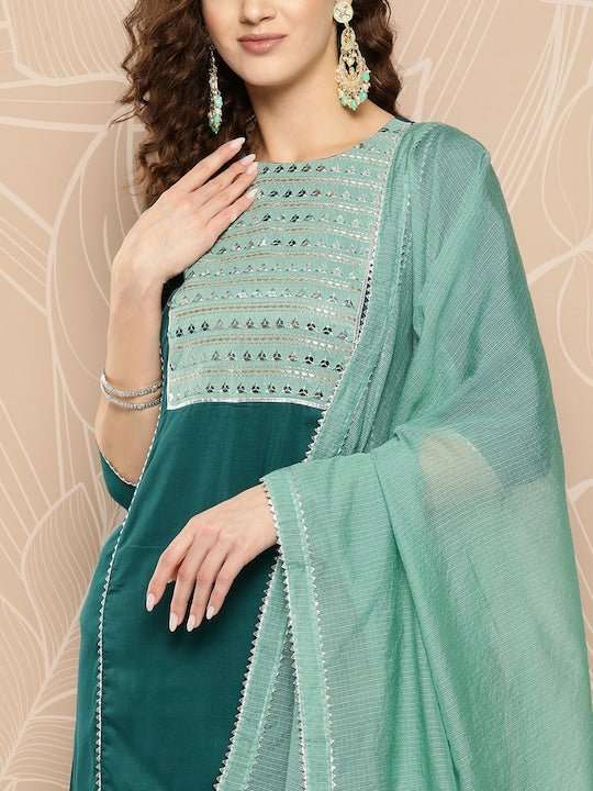 Ethnic Motifs Yoke Design Sequinned Kurta With Salwar & Dupatta - Inddus.com