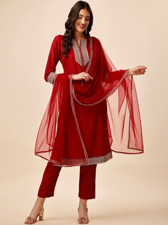 Ethnic Motifs Yoke Design Sequinned Kurta With Trousers & Dupatta - Inddus.com