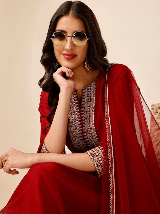 Ethnic Motifs Yoke Design Sequinned Kurta With Trousers & Dupatta - Inddus.com