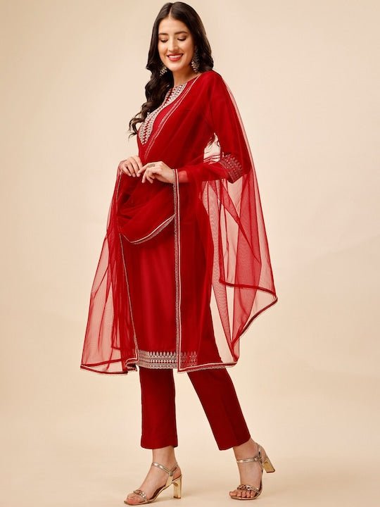 Ethnic Motifs Yoke Design Sequinned Kurta With Trousers & Dupatta - Inddus.com