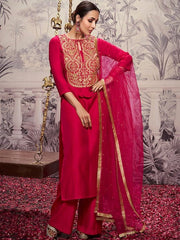 Ethnic Motifs Yoke Design Tie-Up Neck Zari Kurta Set With Dupatta - Inddus.com