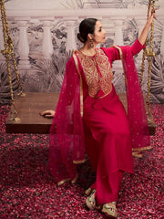 Ethnic Motifs Yoke Design Tie-Up Neck Zari Kurta Set With Dupatta - Inddus.com