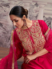 Ethnic Motifs Yoke Design Tie-Up Neck Zari Kurta Set With Dupatta - Inddus.com