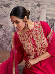 Ethnic Motifs Yoke Design Tie-Up Neck Zari Kurta Set With Dupatta - Inddus.com