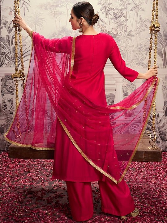 Ethnic Motifs Yoke Design Tie-Up Neck Zari Kurta Set With Dupatta - Inddus.com