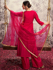 Ethnic Motifs Yoke Design Tie-Up Neck Zari Kurta Set With Dupatta - Inddus.com