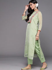 Women Green Floral Yoke Embroidered Kurta with Trousers & Dupatta