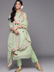 Women Green Floral Yoke Embroidered Kurta with Trousers & Dupatta