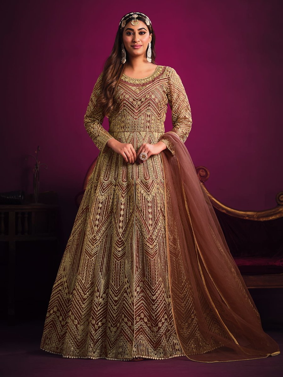 Buy Fantastic Peach Net Festive Gown Inddus