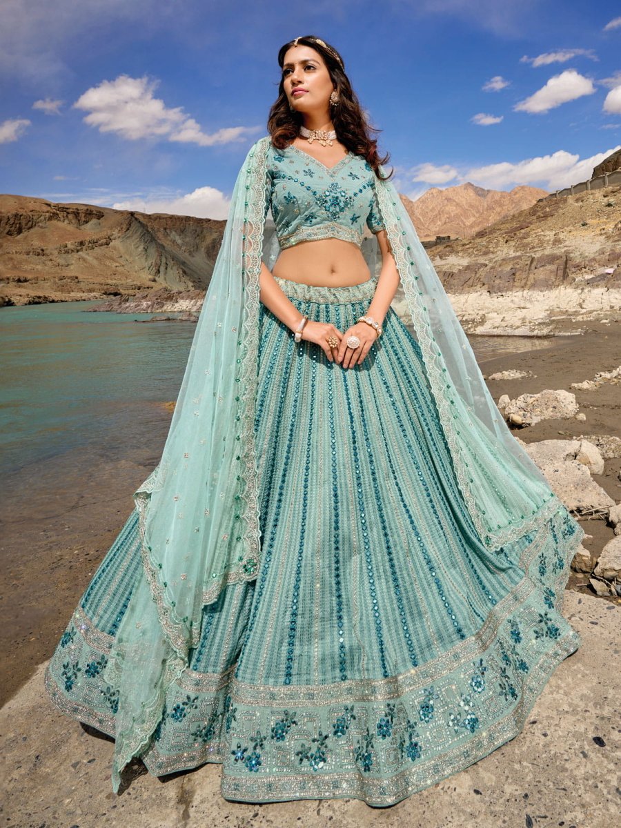 Firozi Georgette Embroidered Lehenga Choli - Inddus.com