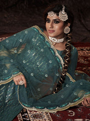 Firozi Net Embroidered Sharara-Style-Suit - Inddus.com