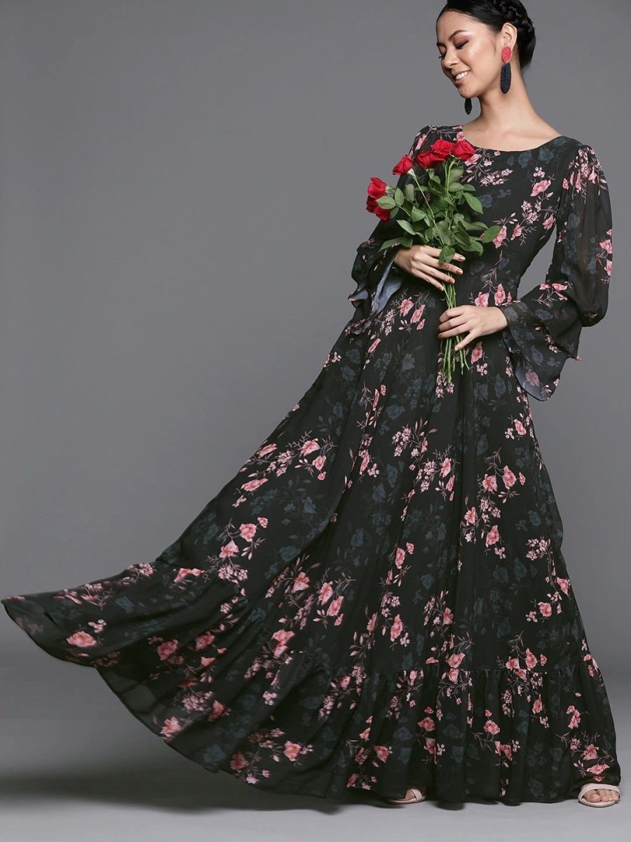 Floral Black Georgette Partywear Maxi Dress - inddus-us