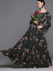Floral Black Georgette Partywear Maxi Dress - inddus-us