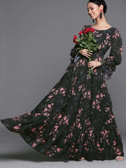 Floral Black Georgette Partywear Maxi Dress - inddus-us
