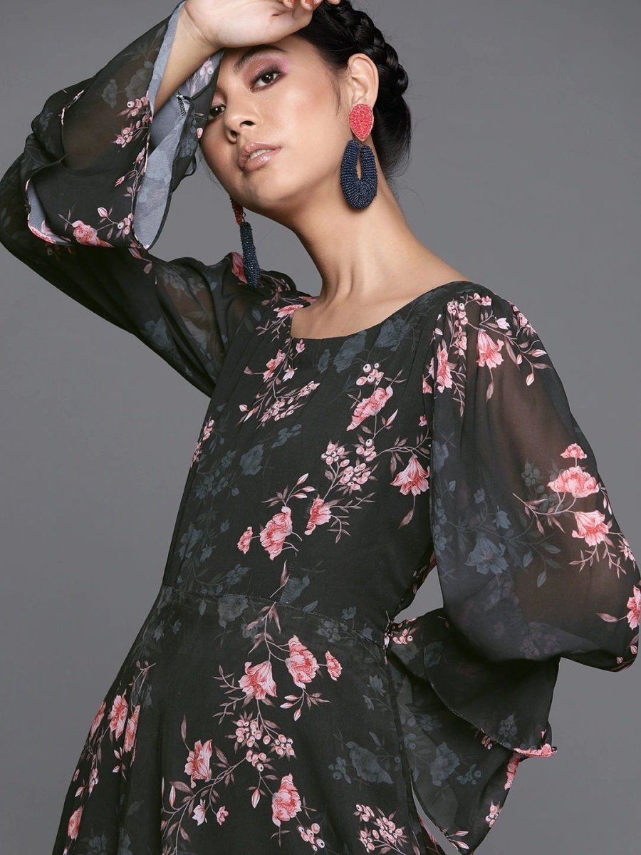 Floral Black Georgette Partywear Maxi Dress - inddus-us