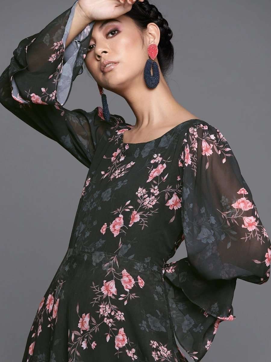 Floral Black Georgette Partywear Maxi Dress - inddus-us