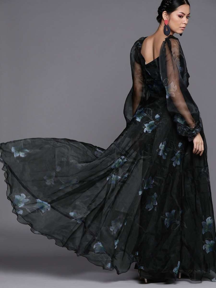 Floral Black Organza Partywear Maxi Dress - inddus-us