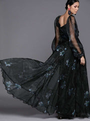 Floral Black Organza Partywear Maxi Dress - inddus-us