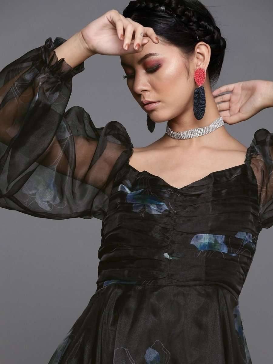 Floral Black Organza Partywear Maxi Dress - inddus-us