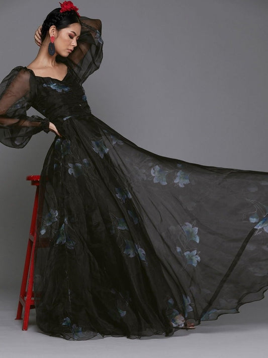 Floral Black Organza Partywear Maxi Dress - inddus-us