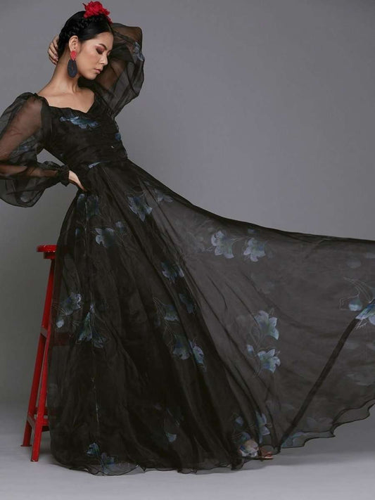 Floral Black Organza Partywear Maxi Dress - inddus-us