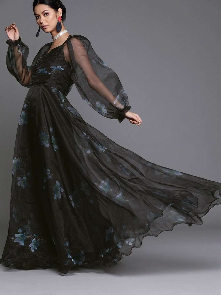 Floral Black Organza Partywear Maxi Dress - inddus-us