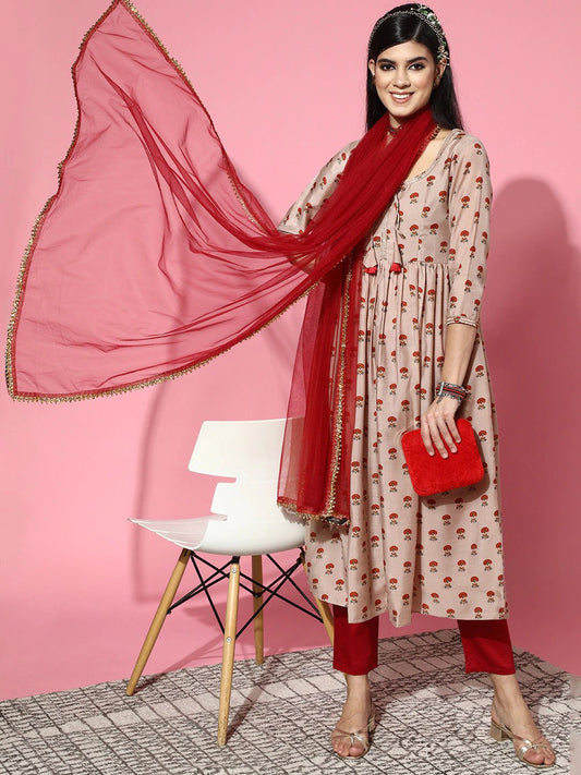 Floral Chanderi Cotton Scalloped Edge Kurta Set - Inddus.com