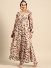 Floral Chiffon Maxi Dress with Belt - Inddus.com