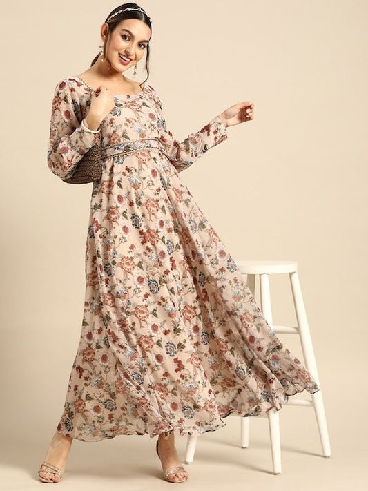 Floral Chiffon Maxi Dress with Belt - Inddus.com