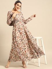 Floral Chiffon Maxi Dress with Belt - Inddus.com