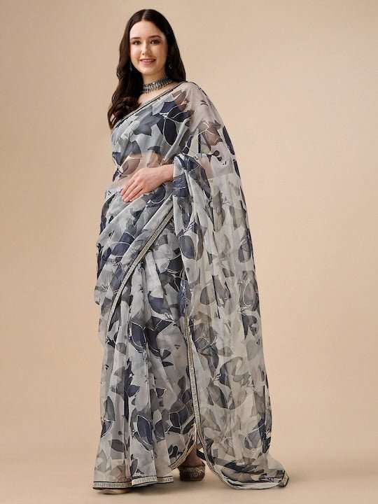 Floral Digital Printed Organza Saree - Inddus.com
