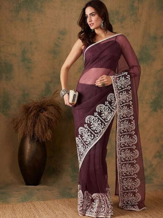 Floral Embroidered Border Saree